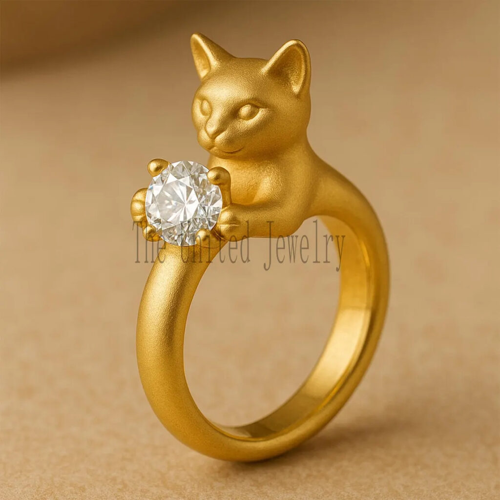 Gold Plated Sterling Silver Cat Ring: 4mm Moissanite, Dainty Animal Jewelry