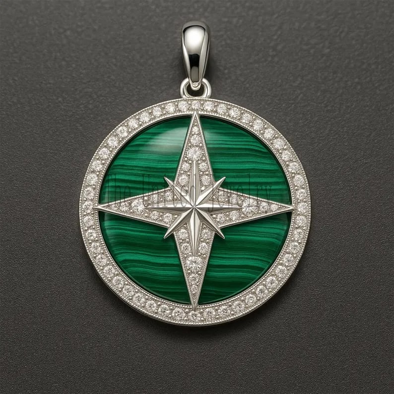 Malachite Compass North Star Pendant: Sterling Silver & Pave CZ