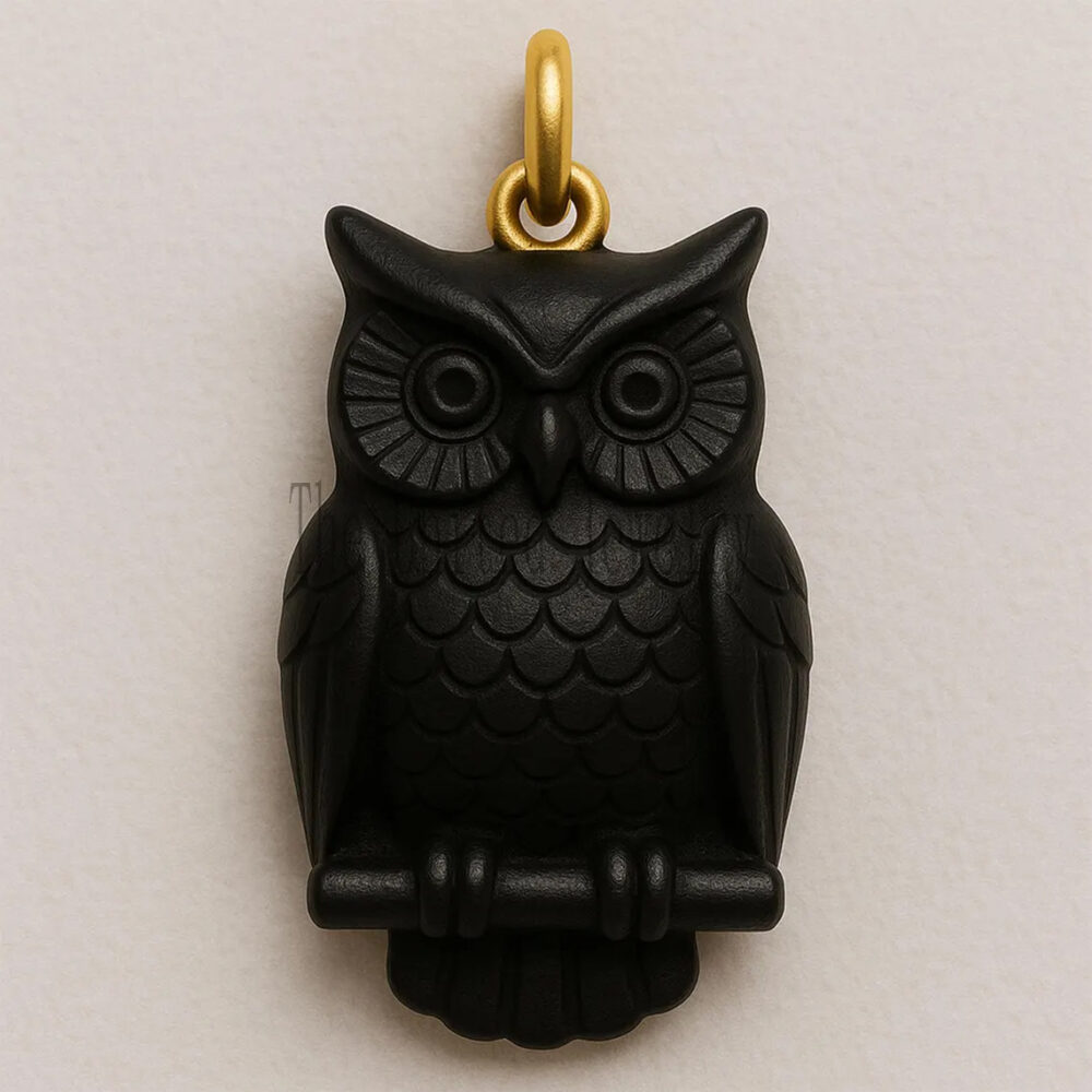 Hand-Carved Black Onyx Owl Pendant: Gold Vermeil Sterling Silver Charm