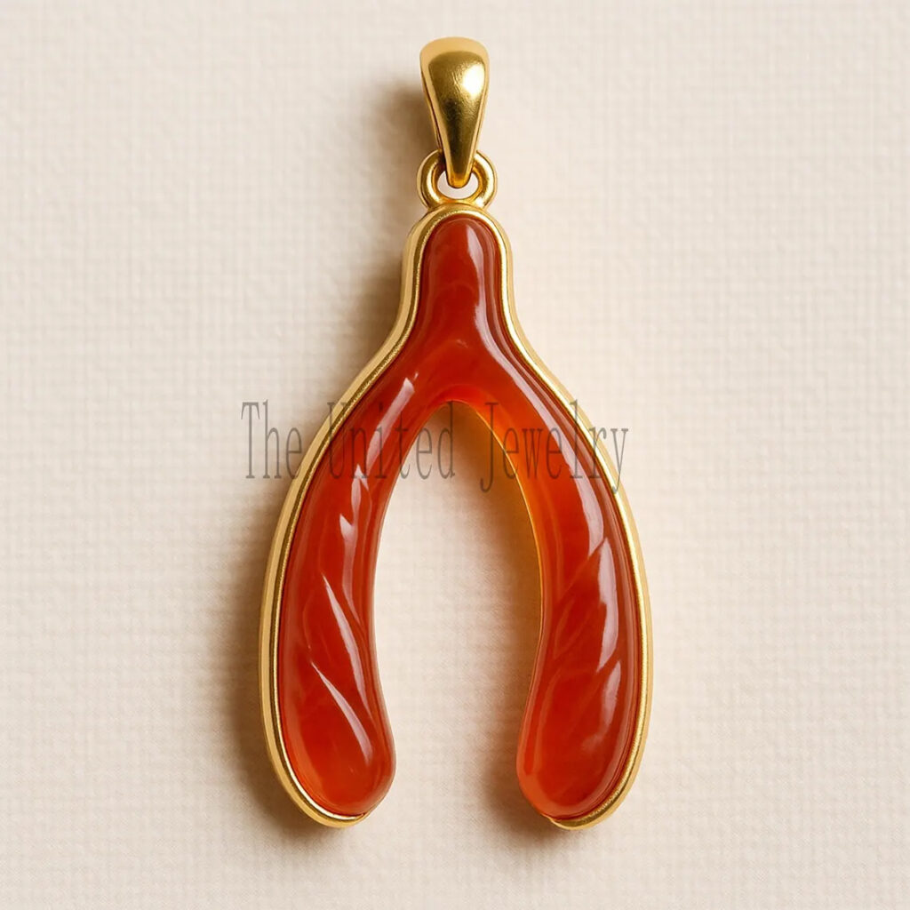 Carnelian Wishbone Pendant | Gold Plated Sterling Silver Good Luck Charm | Hand-Carved Gemstone Jewelry