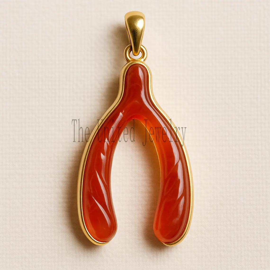 Carnelian Wishbone Pendant | Gold Plated Sterling Silver Good Luck Charm | Hand-Carved Gemstone Jewelry