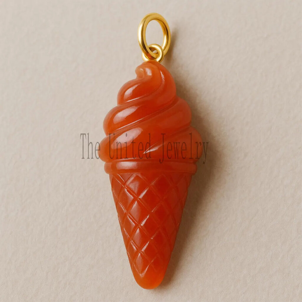 Hand-Carved Carnelian Ice Cream Pendant: Gold Vermeil Sterling Silver