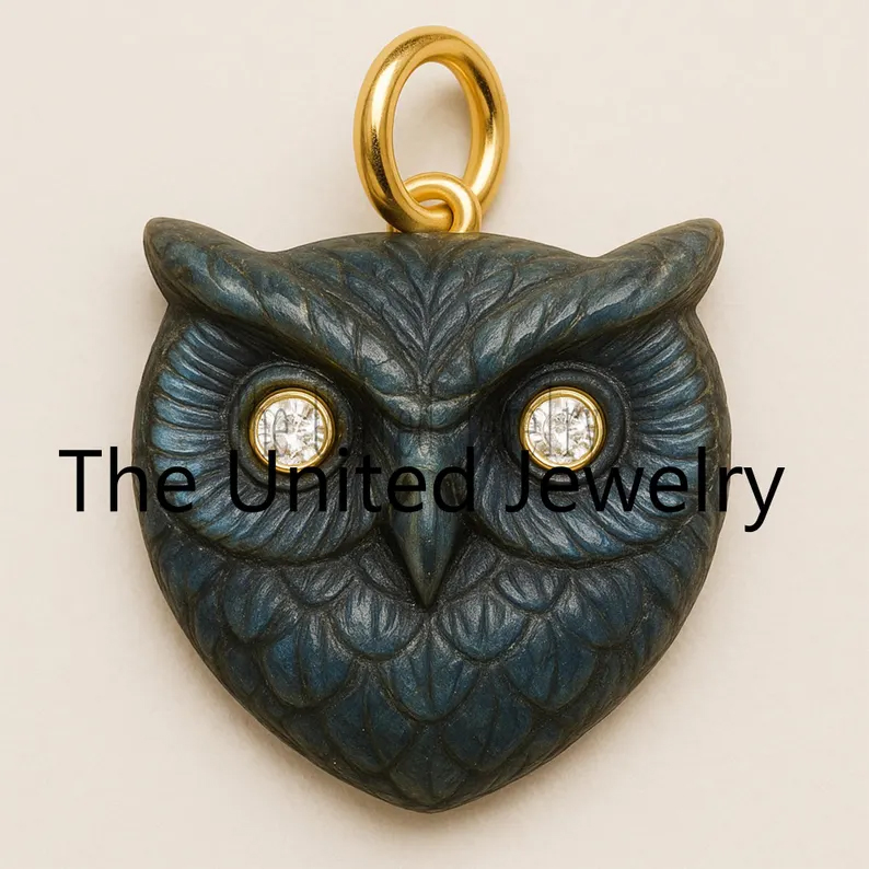 Hand-Carved Sterling Silver Owl Pendant: Diamond Eyes, Gold Jump Ring