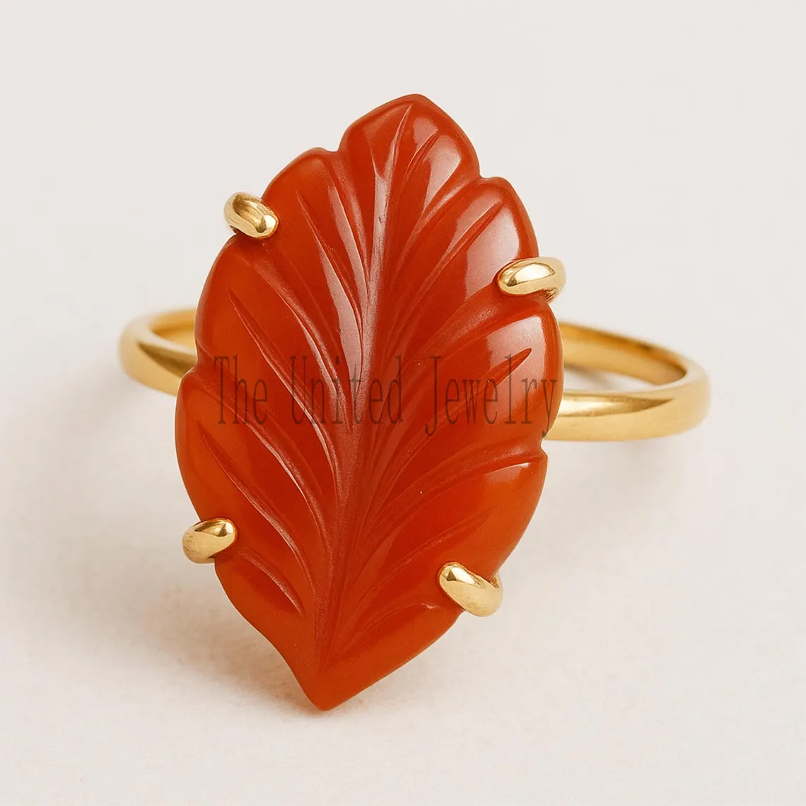 Carnelian Leaf Carving Ring | Gold Plated Adjustable Ring for Women | Handcrafted Natural Gemstone Jewelry