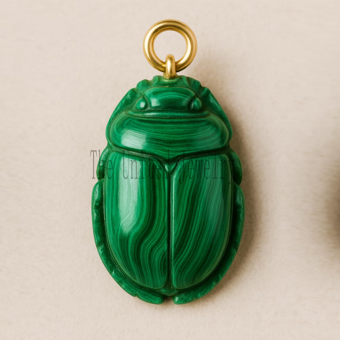 Hand-Carved Malachite Scarab Pendant: 18K Gold-Plated Egyptian Amulet