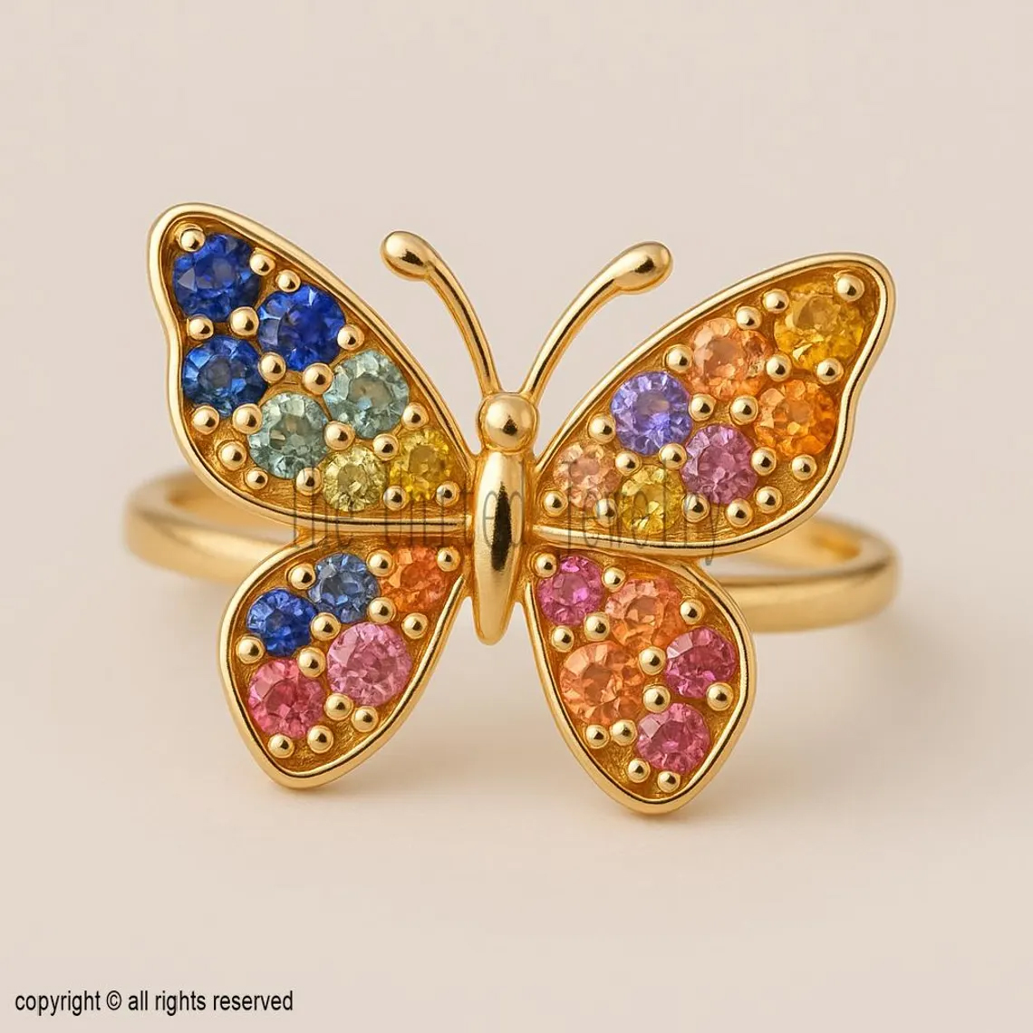 Handmade Sterling Silver Rainbow Gemstone Butterfly Ring