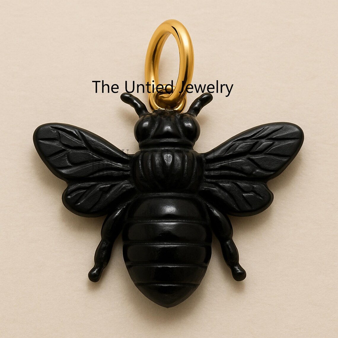 Black Onyx Bee Carving Pendant with Gold Plated Jump Ring