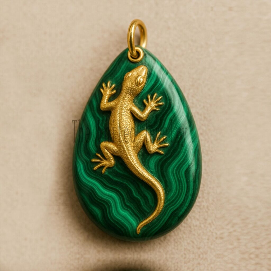 Hand-Carved Malachite Gecko Pendant: 18K Gold Plated Sterling Silver