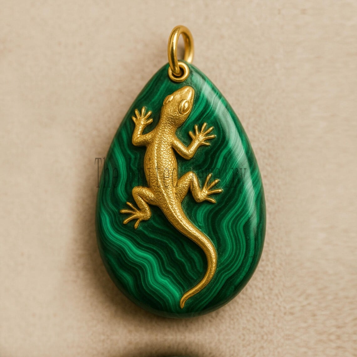 Hand-Carved Malachite Gecko Pendant: 18K Gold Plated Sterling Silver