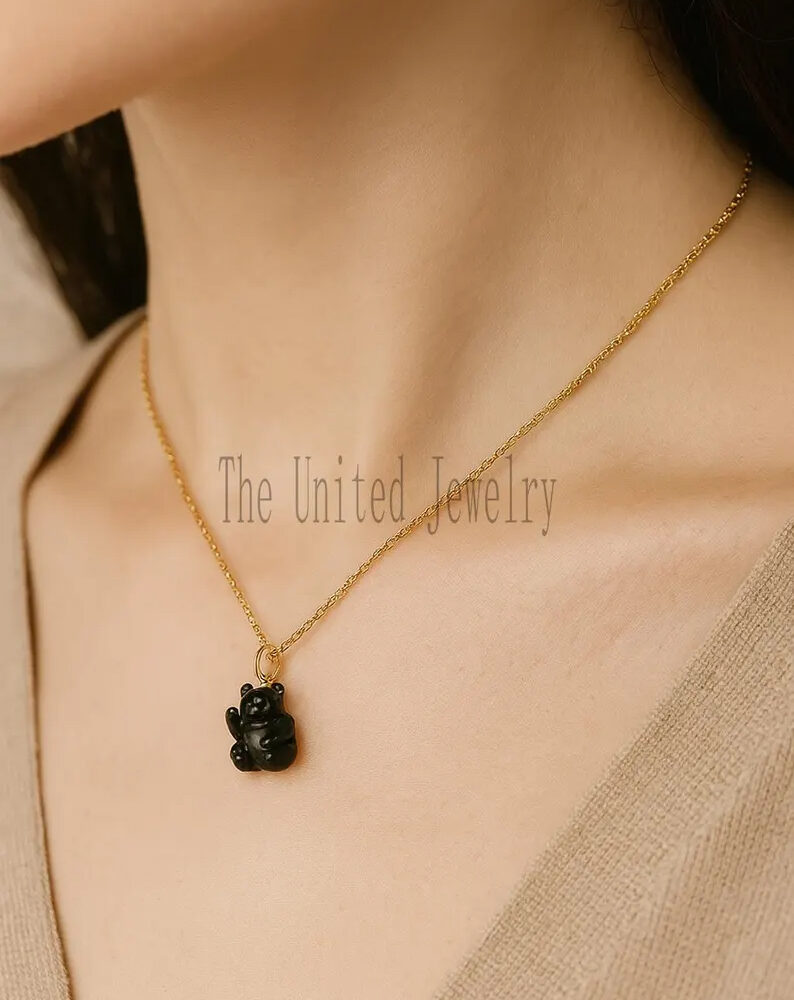 Hand-Carved Black Onyx Panda Pendant: Gold Vermeil Sterling Silver Charm