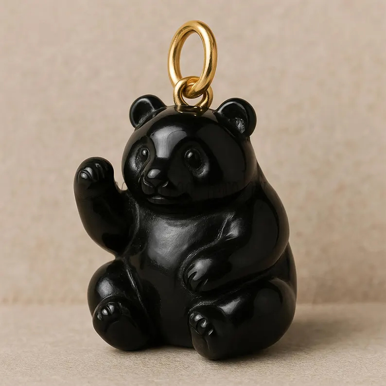 Hand-Carved Black Onyx Panda Pendant: Gold Vermeil Sterling Silver Charm