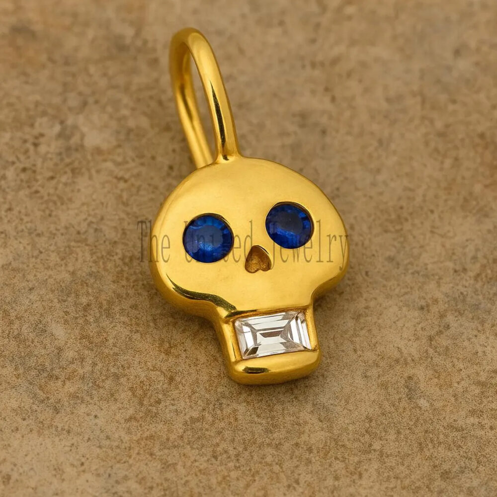 14k Gold Skull Pendant with Gemstone Eyes & Topaz Teeth Pendant