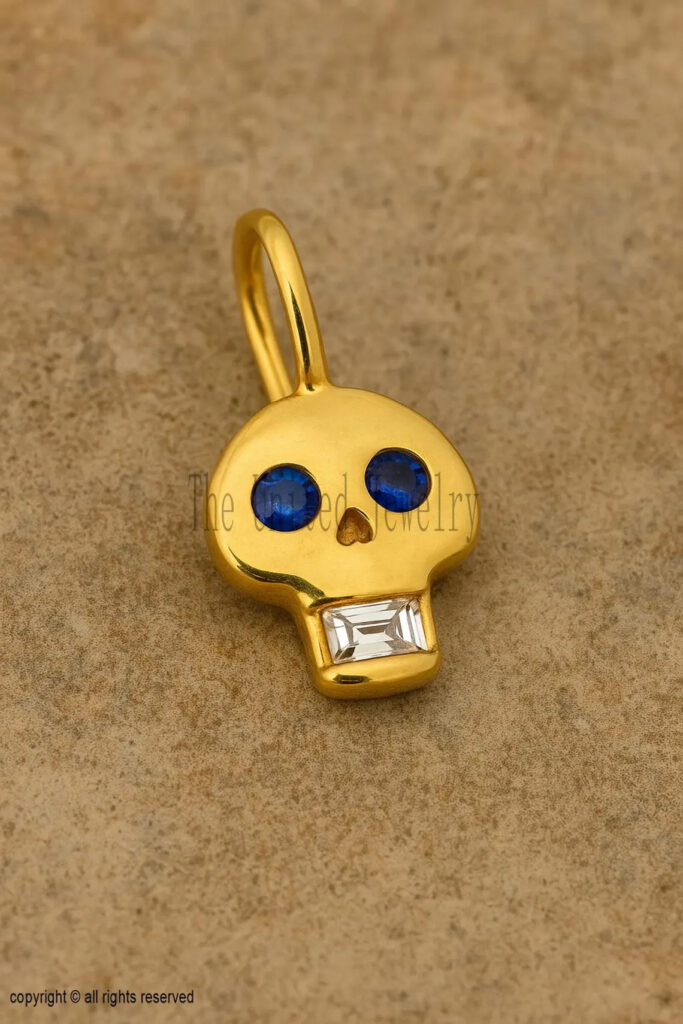 14k Gold Skull Pendant with Gemstone Eyes & Topaz Teeth Pendant