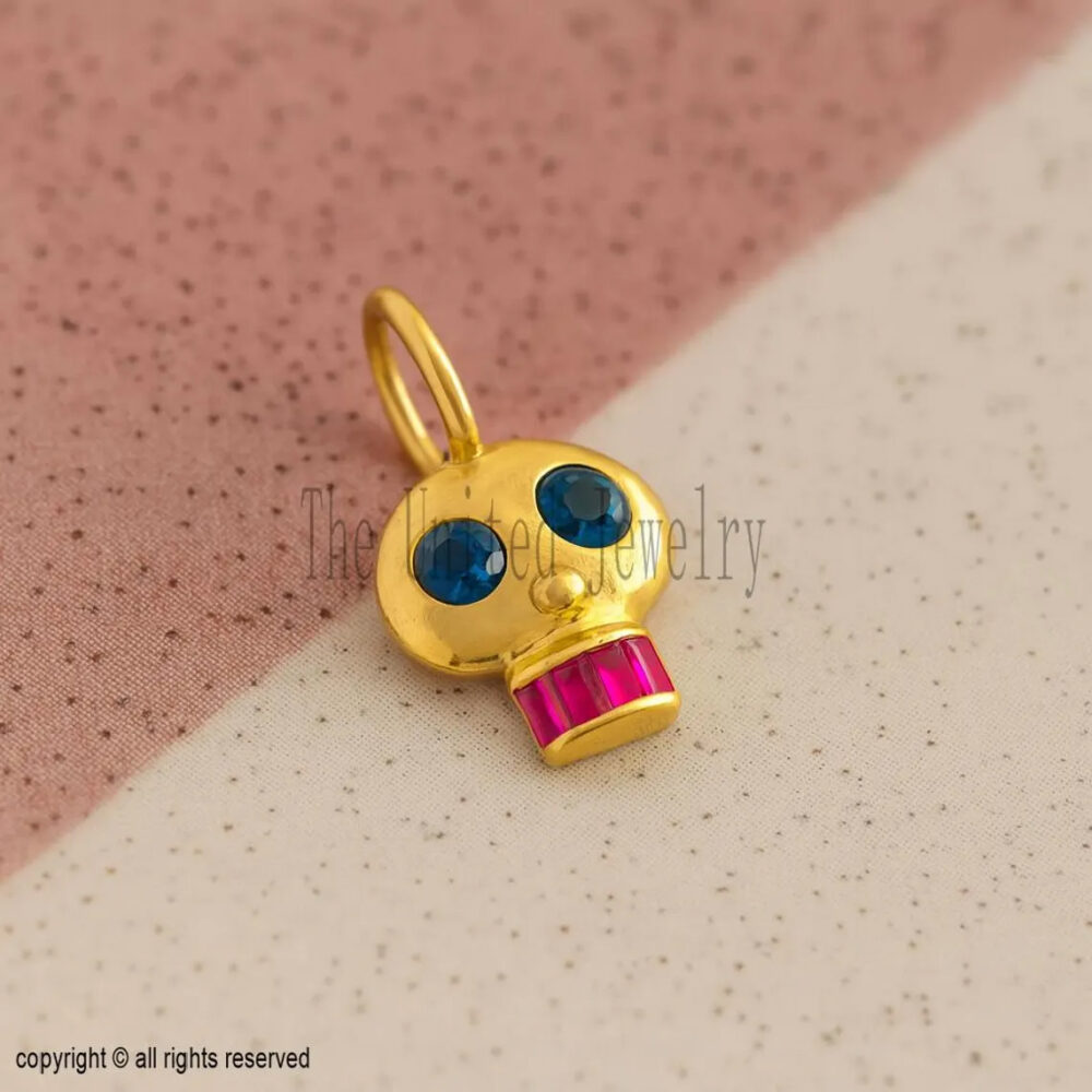 Gold Skull Pendant – Blue Sapphire Eyes, Ruby Teeth, Sterling Silver