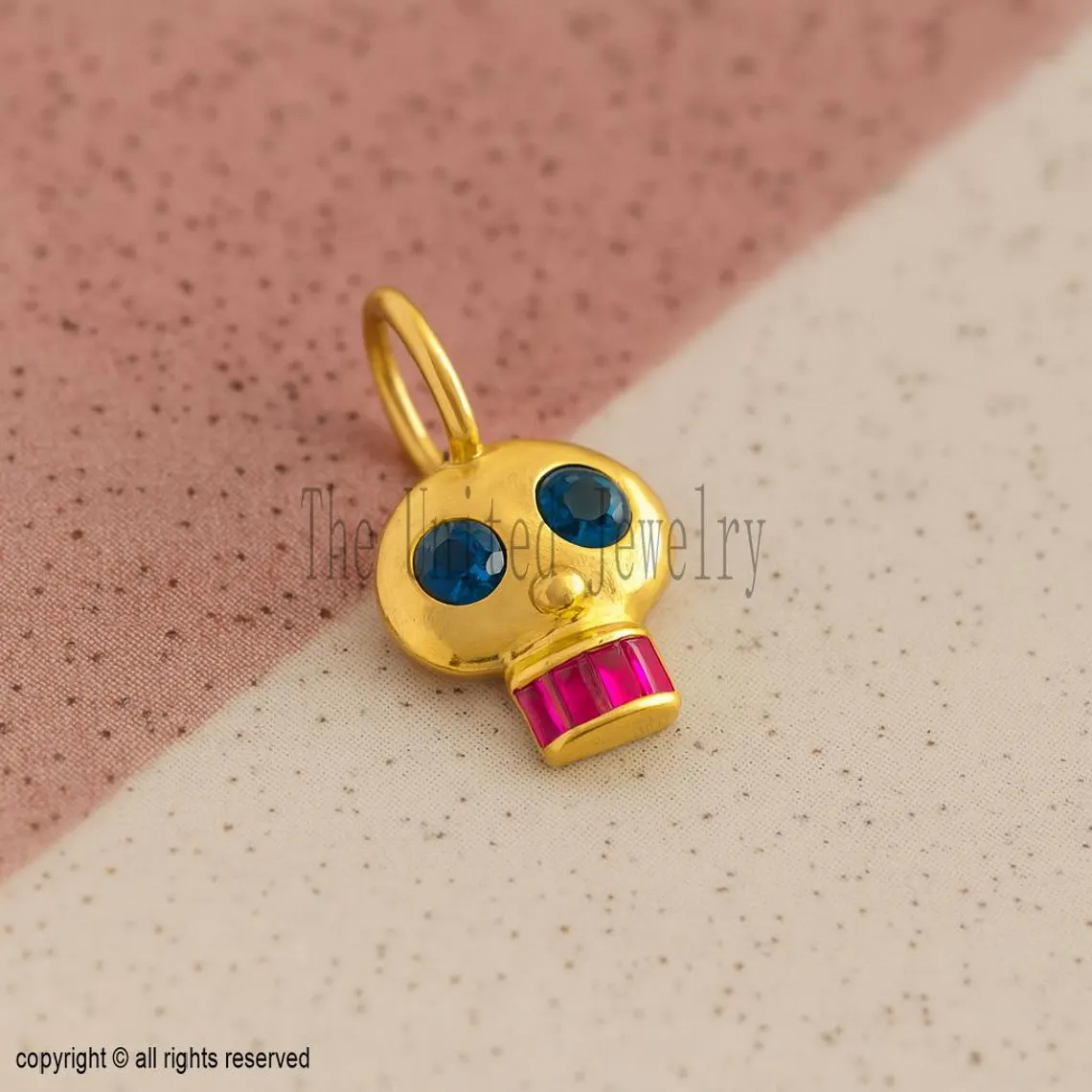 Gold Skull Pendant – Blue Sapphire Eyes, Ruby Teeth, Sterling Silver