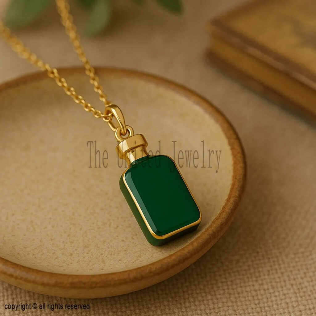 925 Sterling Silver Green Enamel Bottle Pendant Necklace – Gold Plated Mini Perfume Bottle Charm