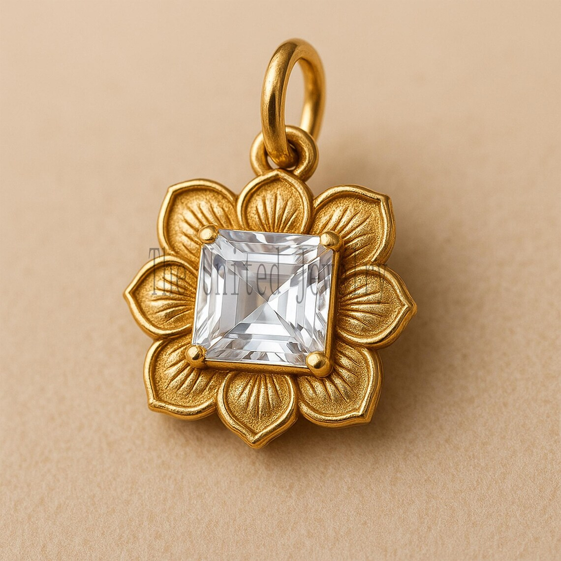 Gold Plated Sterling Silver Lotus Pendant: Princess Cut Moissanite Charm