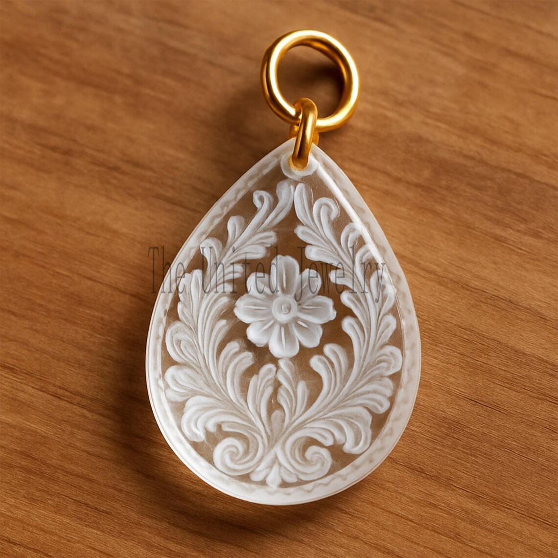 White Floral Carved Teardrop Pendant – 925 Sterling Silver Gold Plated Vintage Style Charm