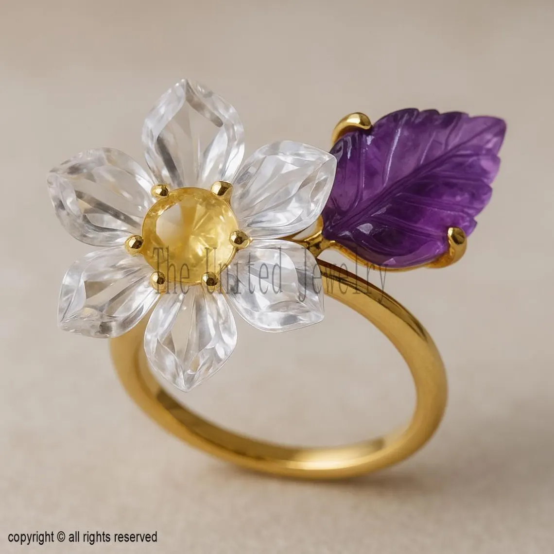 Gold Plated Sterling Silver Floral Ring: Crystal Quartz, Amethyst Leaf