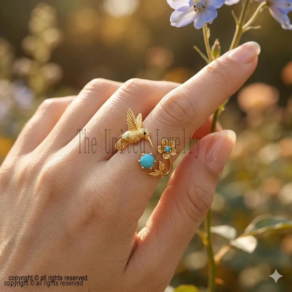 925 Sterling Silver Hummingbird Ring • Gold Plated Adjustable Flower Ring • Turquoise Stone Nature Jewelry
