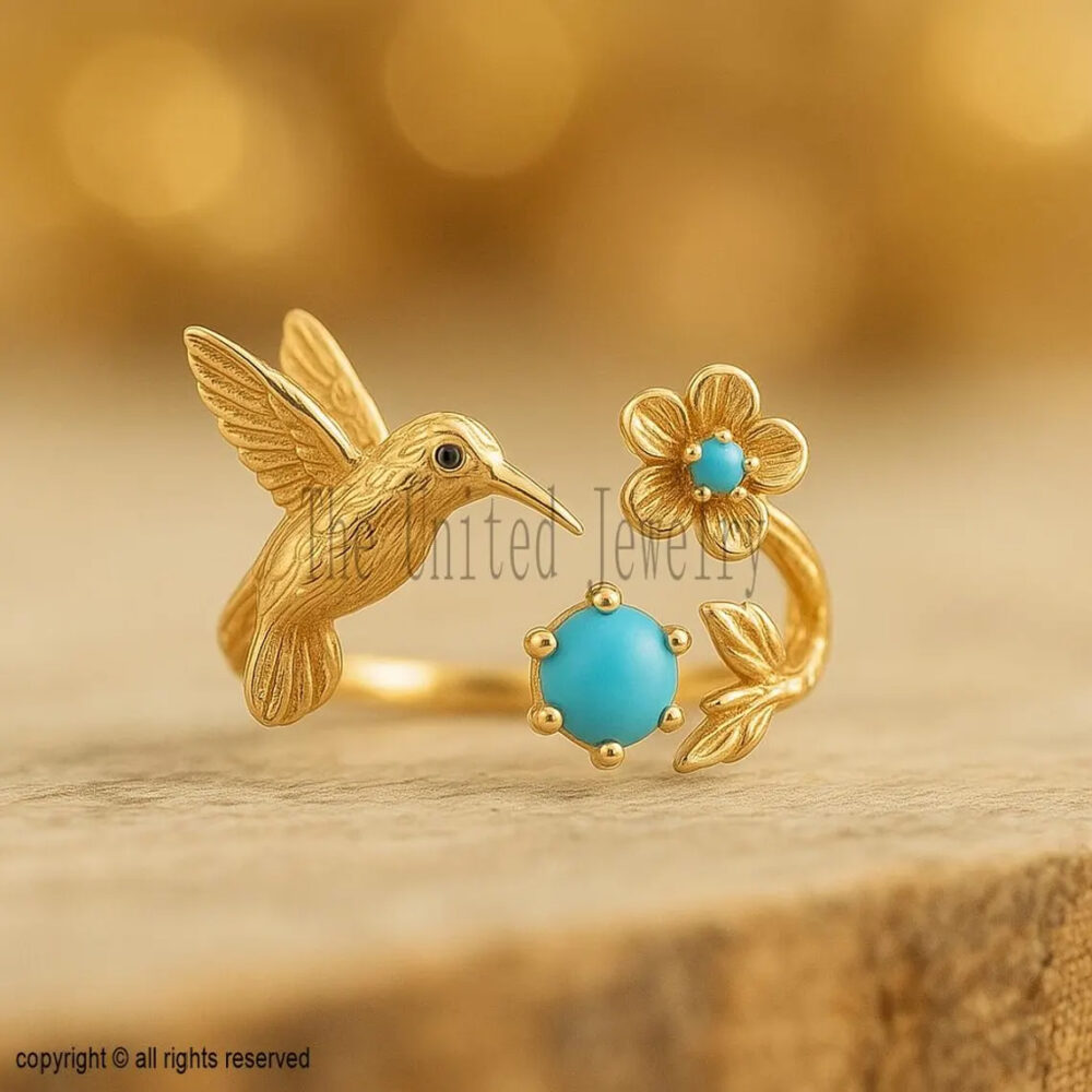 925 Sterling Silver Hummingbird Ring • Gold Plated Adjustable Flower Ring • Turquoise Stone Nature Jewelry