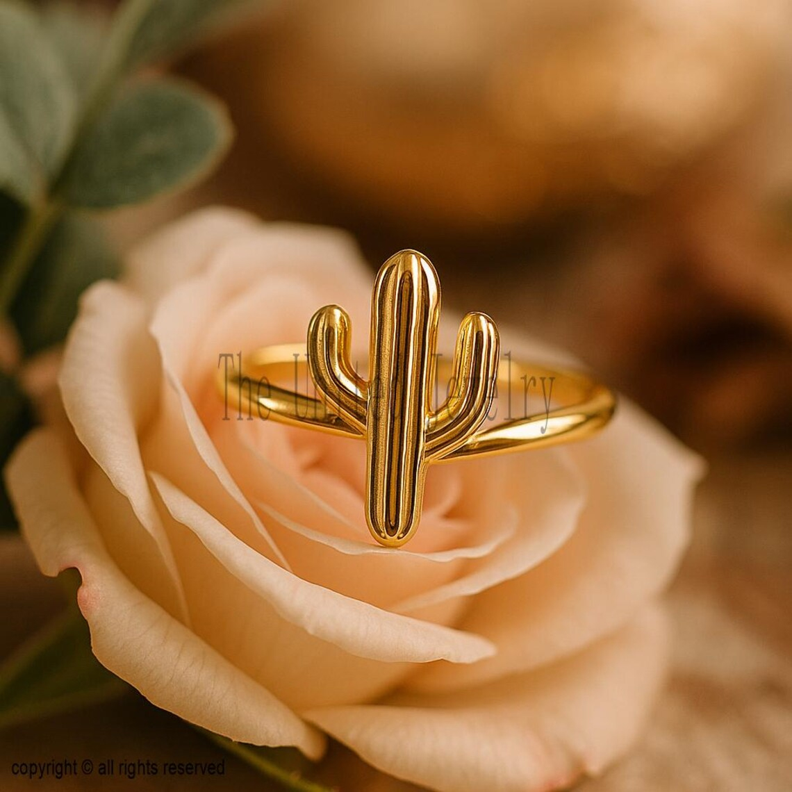 Gold Plated Sterling Silver Cactus Ring • Minimalist Desert Jewelry