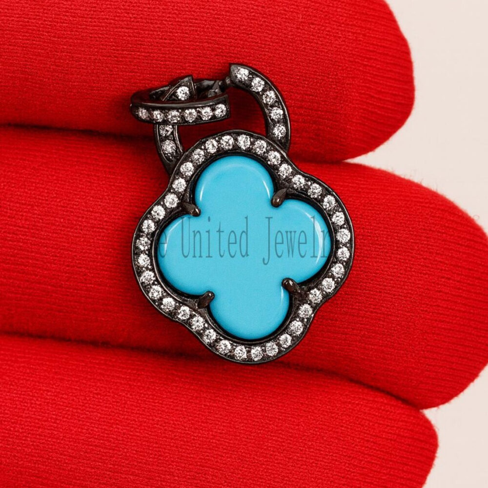 Pave Diamond With Turquoise Handmade Clover Design Pendant 925 Sterling Silver Jewelry