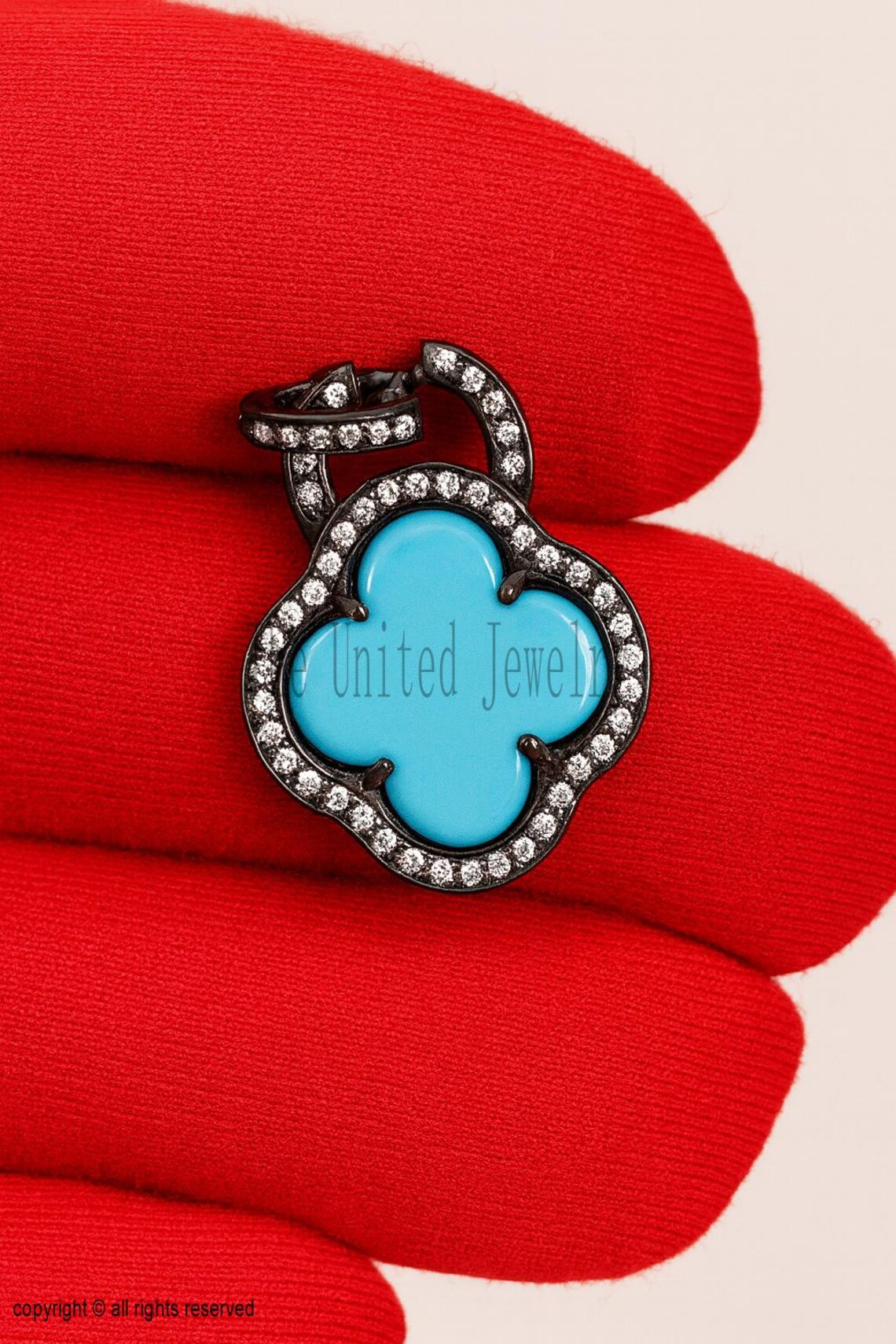 Pave Diamond With Turquoise Handmade Clover Design Pendant 925 Sterling Silver Jewelry