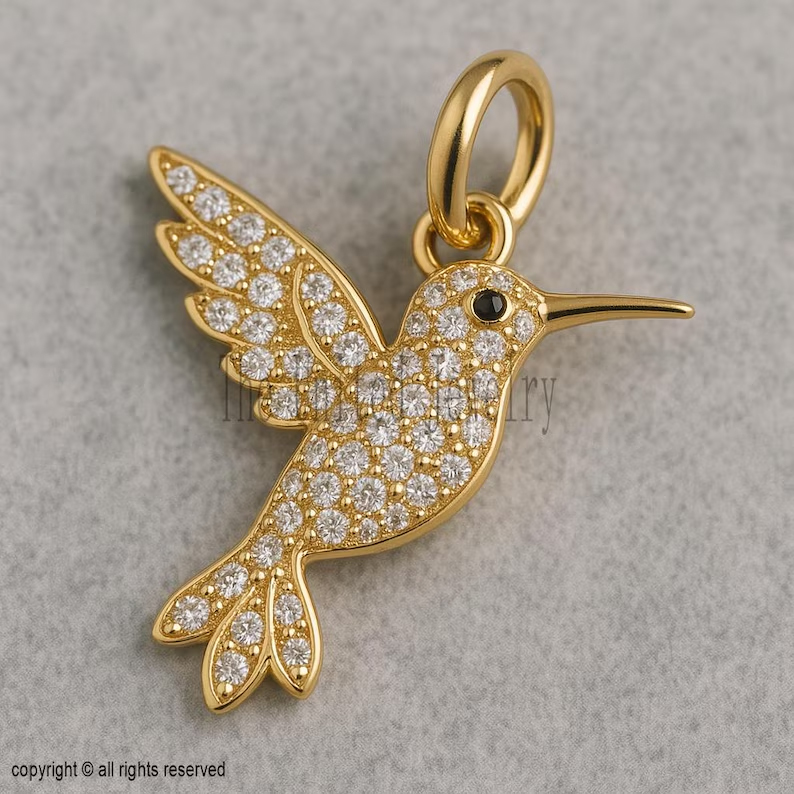 14K Gold Hummingbird Charm: Pave Diamond Pendant Necklace