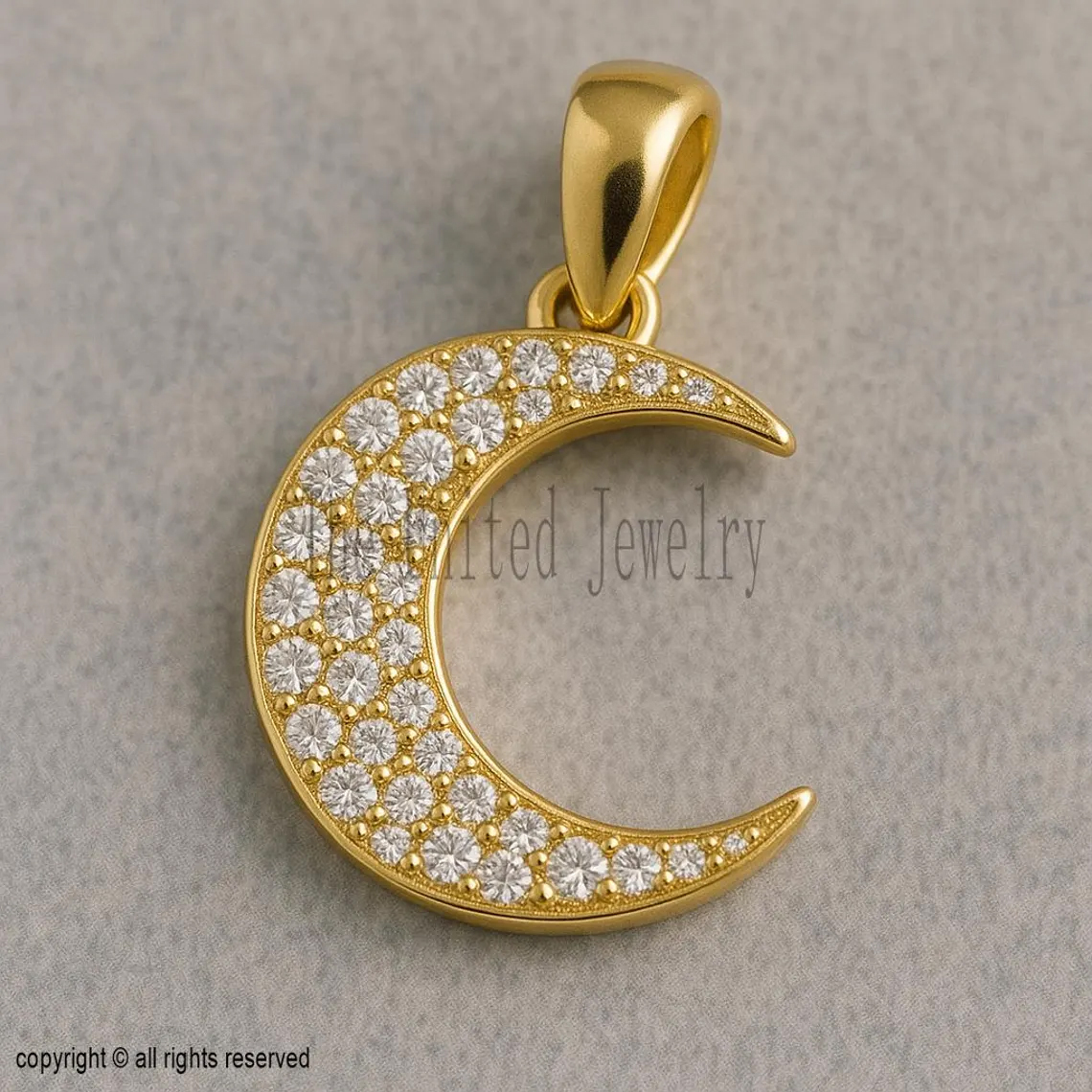 14K Solid Gold Diamond Crescent Moon Charm Pendant