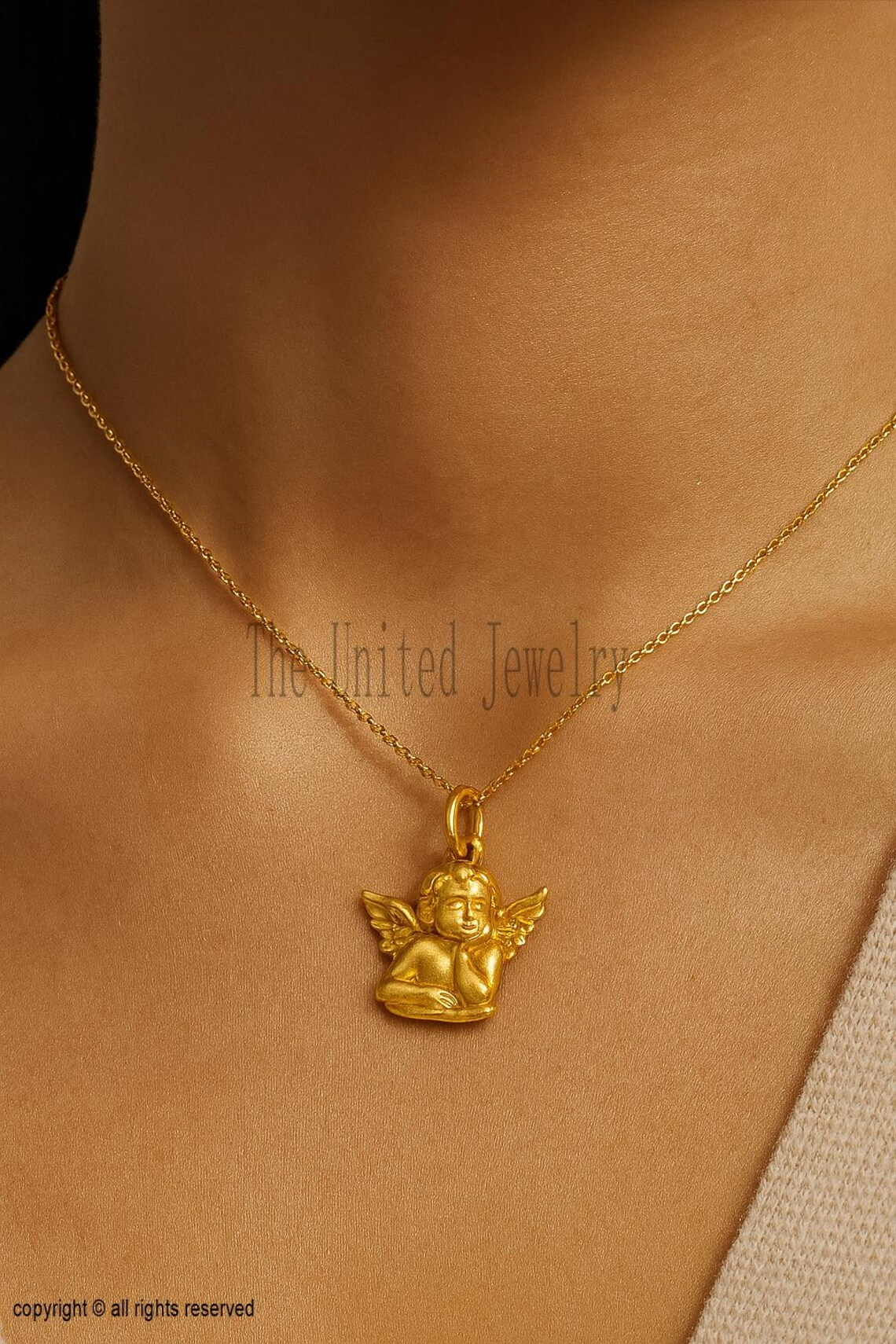 14k Gold Angel Cherub Pendant – Classic Renaissance Style Guardian Angel Charm for Necklace