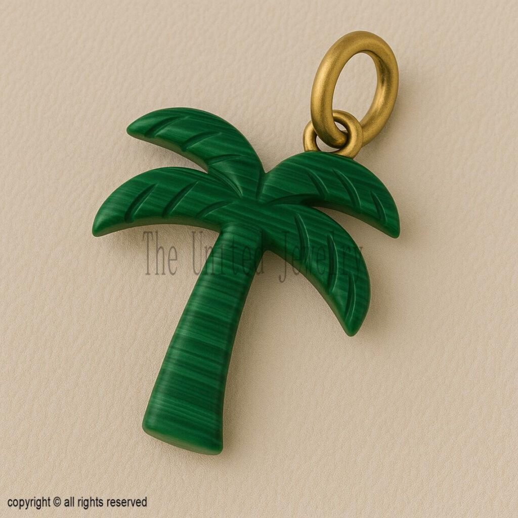 Green Malachite Palm Tree Pendant with Gold Bail – 925 Sterling Silver Tropical Jewelry