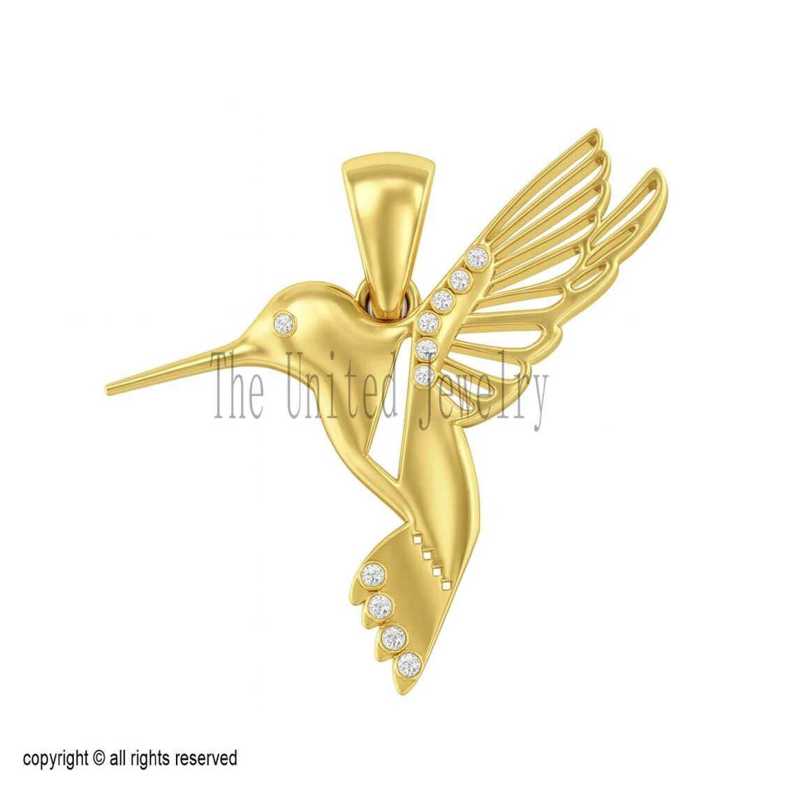 Gold Plated 925 Sterling Silver Hummingbird Pendant with CZ Diamonds, Flying Bird Necklace