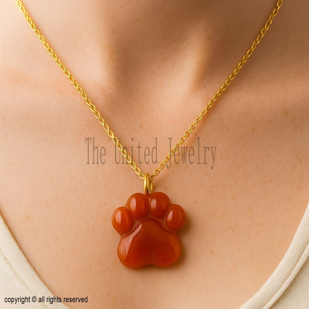 Hand-Carved Carnelian Paw Print Pendant: 18K Gold Plated Sterling Silver