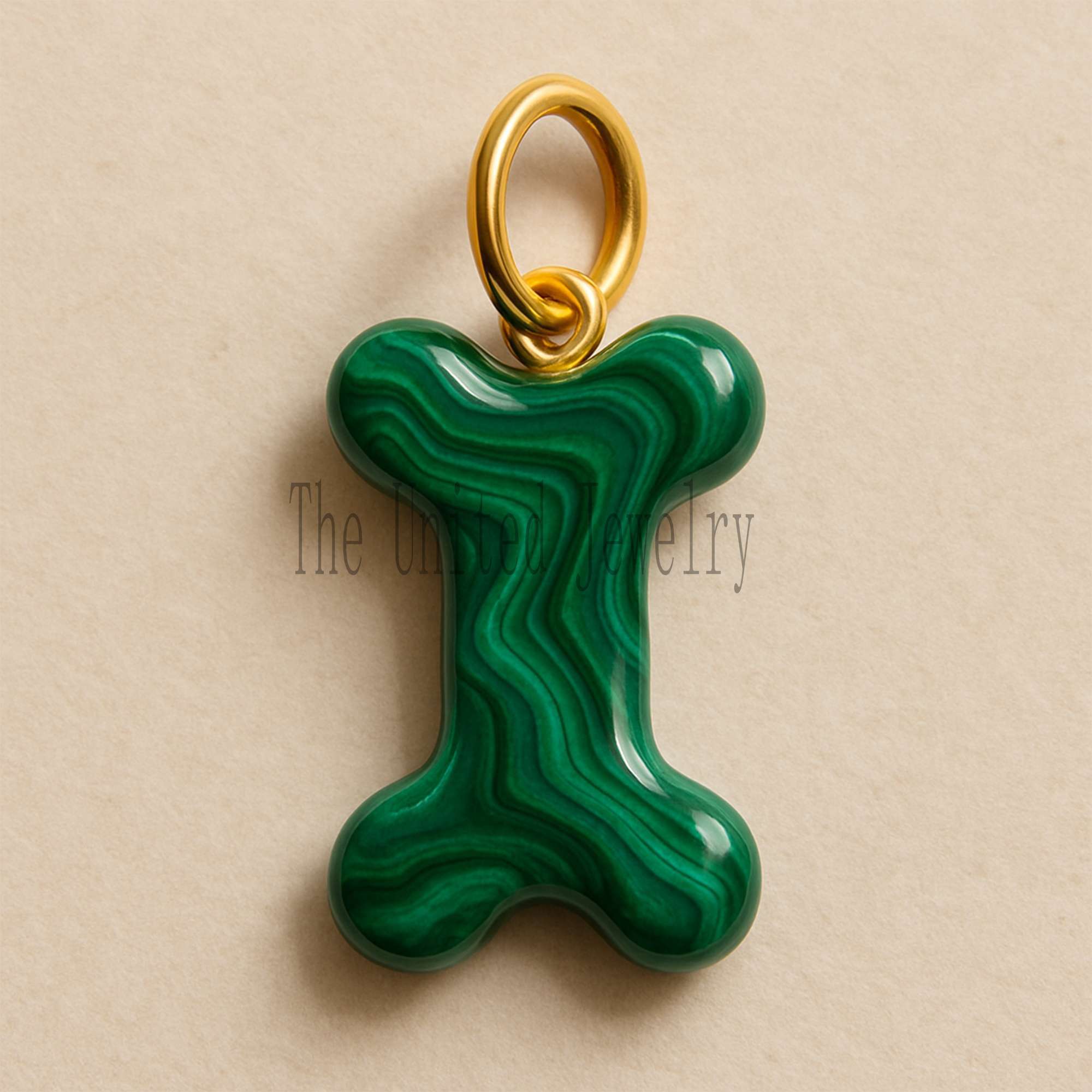 Handmade Malachite Dog Bone Pendant: Green Gemstone Charm, Gold Jump Ring
