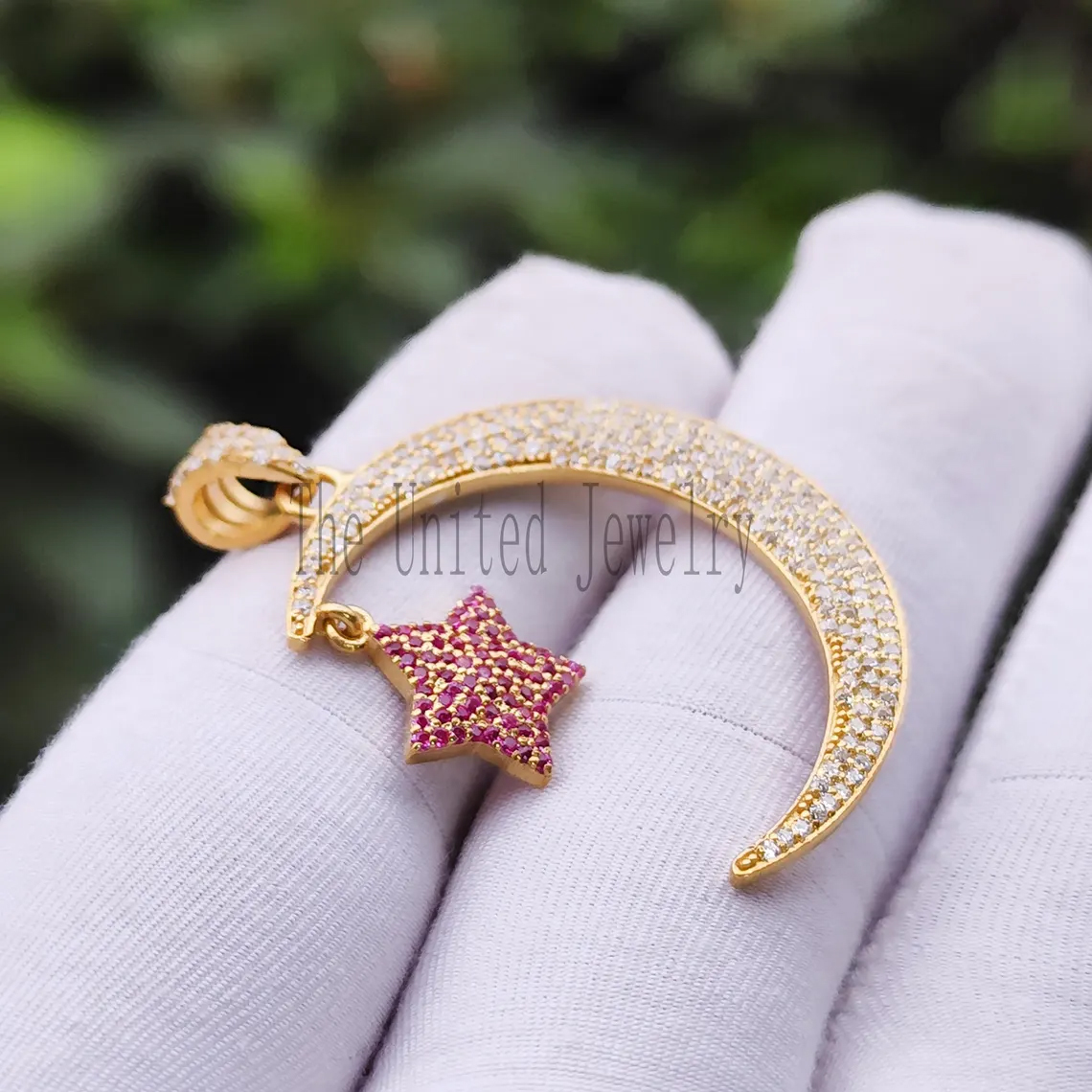 925 Sterling Silver Handmade Ruby & Diamond Moon Star Charm Pendant