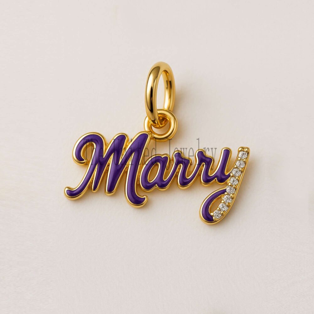 Purple Enamel Name Pendant | 18K Gold Plated CZ Script Charm
