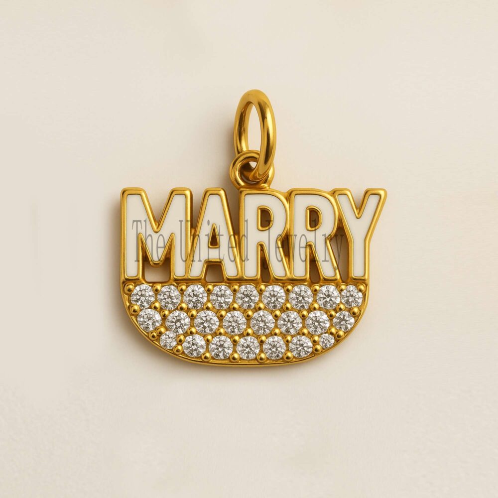 Gold “Marry” CZ Diamond Enamel Pendant – Personalized Jewelry Gift