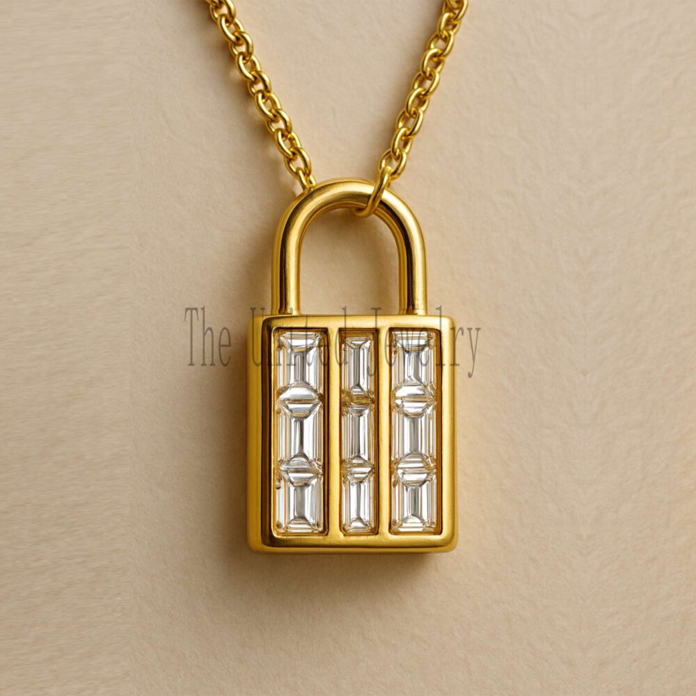 Gold Lock Pendant Necklace: Baguette CZ Diamond Padlock Charm