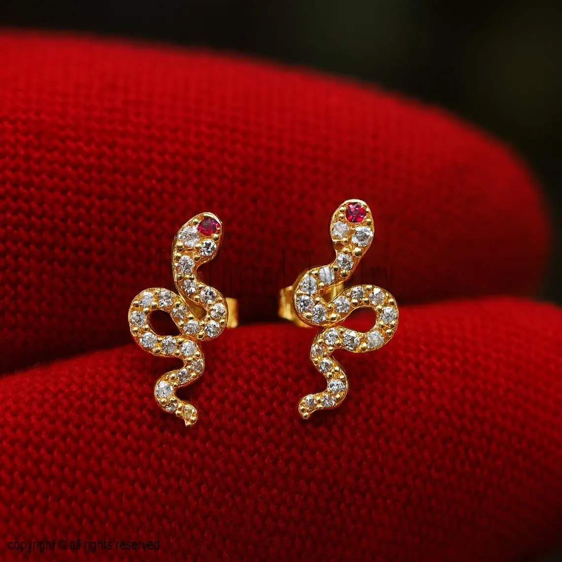 925 Sterling Silver Natural Pave Diamond And Ruby Snake Stud Earrings