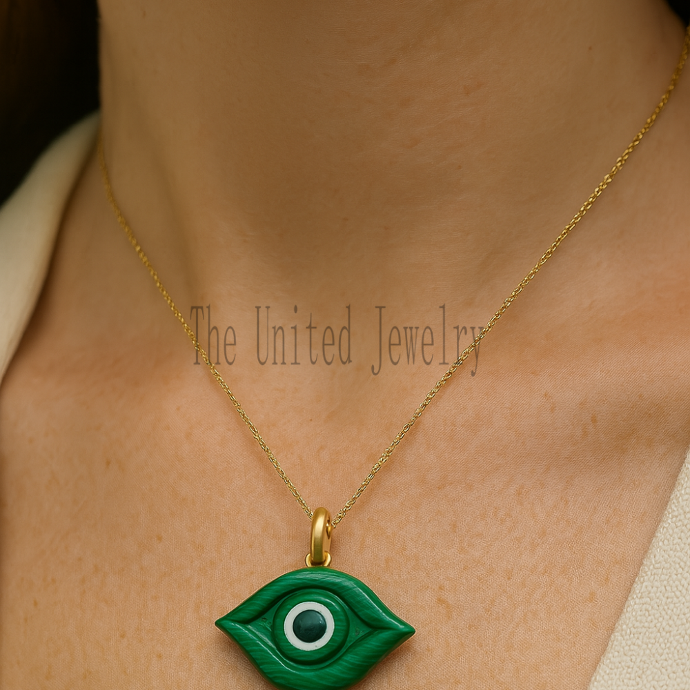 Hand-Carved Malachite Evil Eye Pendant: Gold Plated Sterling Silver Charm