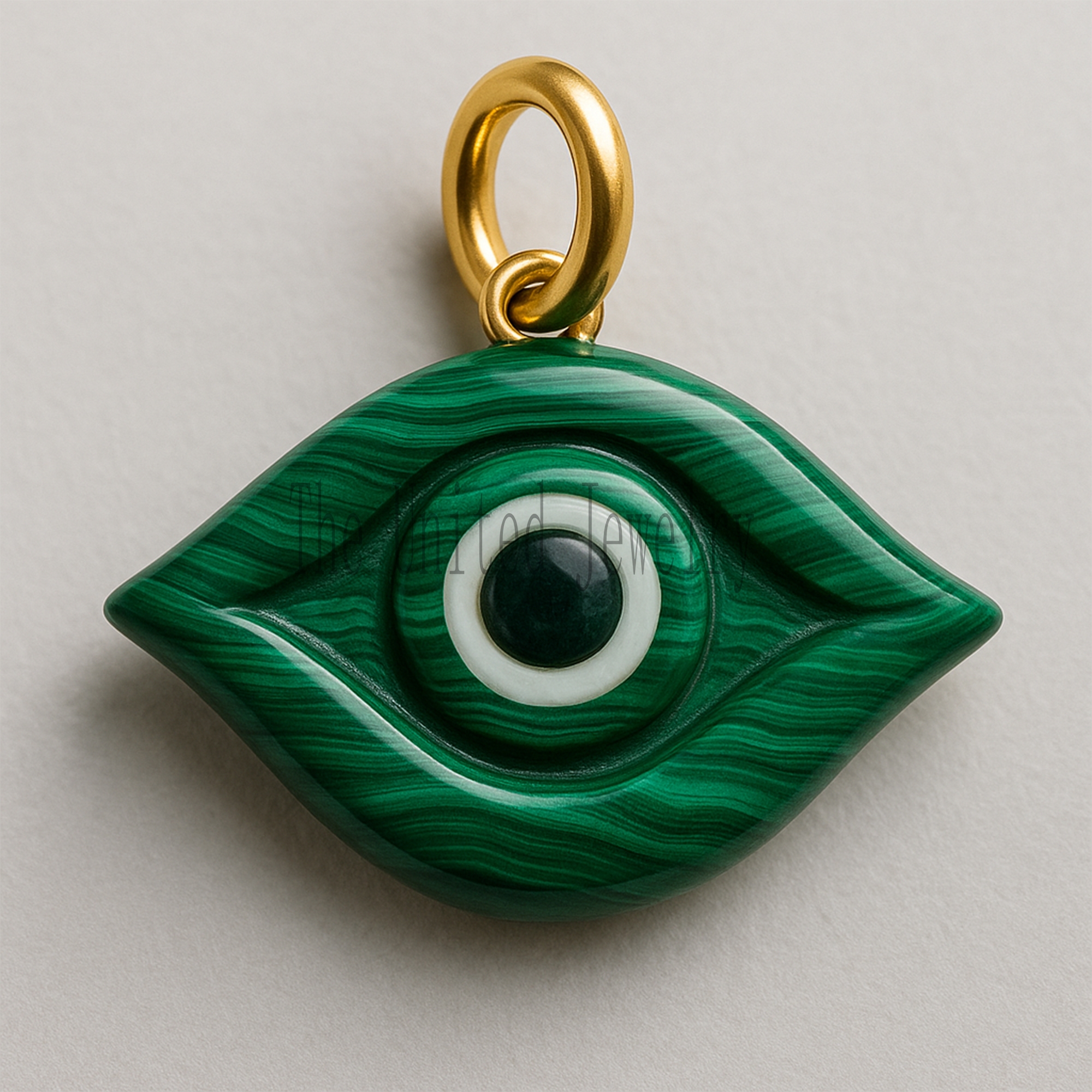 Hand-Carved Malachite Evil Eye Pendant: Gold Plated Sterling Silver Charm
