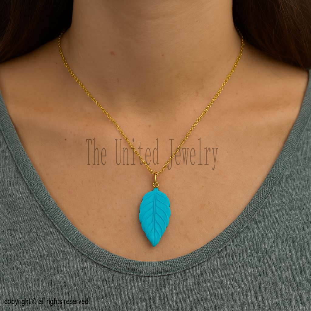 Handmade Turquoise Leaf Pendant: Gold Plated Sterling Silver Charm