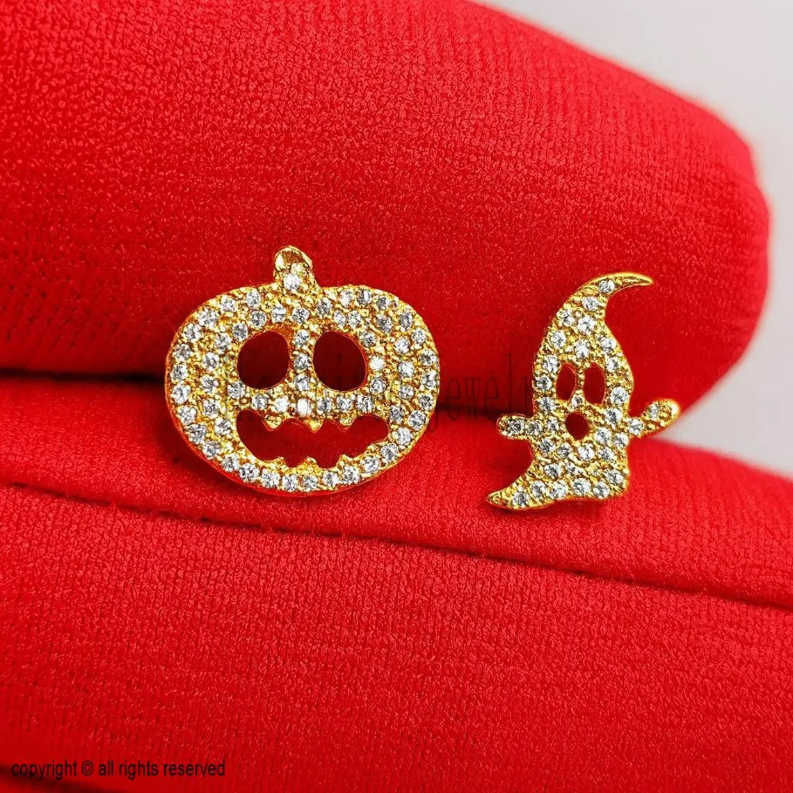 925 Sterling Silver Natural Pave Diamond Pumpkin and Ghost Stud Earrings