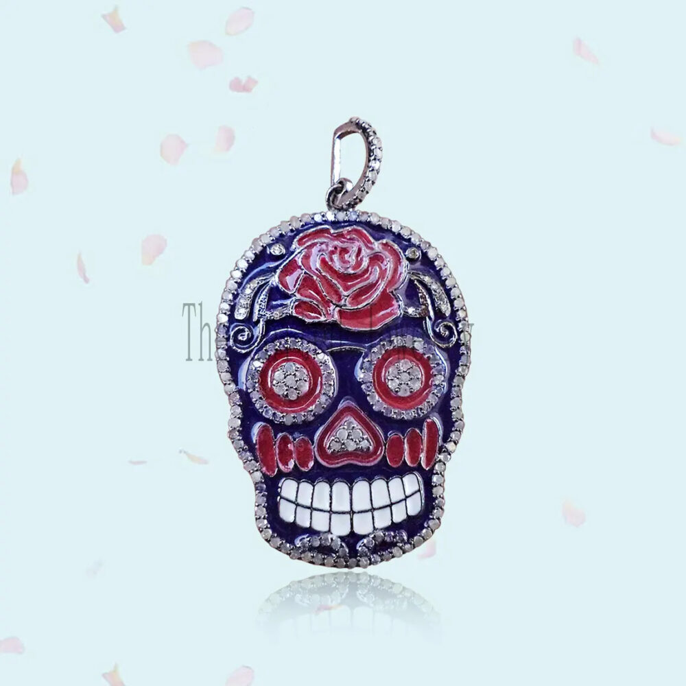 925 Sterling Silver Enamel Skull Charm Diamond Pendant Jewelry925 Sterling Silver Enamel Skull Charm Diamond Pendant Jewelry