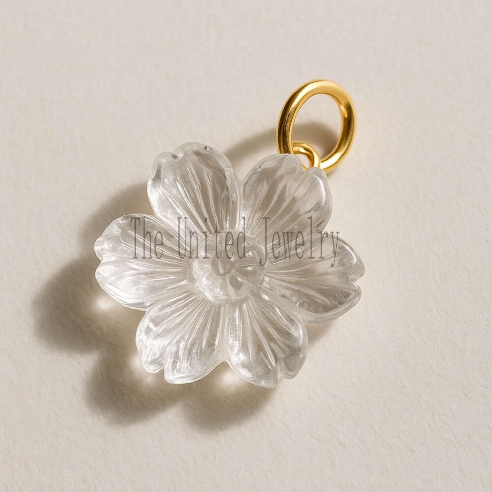 Hand-Carved Clear Quartz Flower Pendant: Gold Plated Sterling Silver Charm