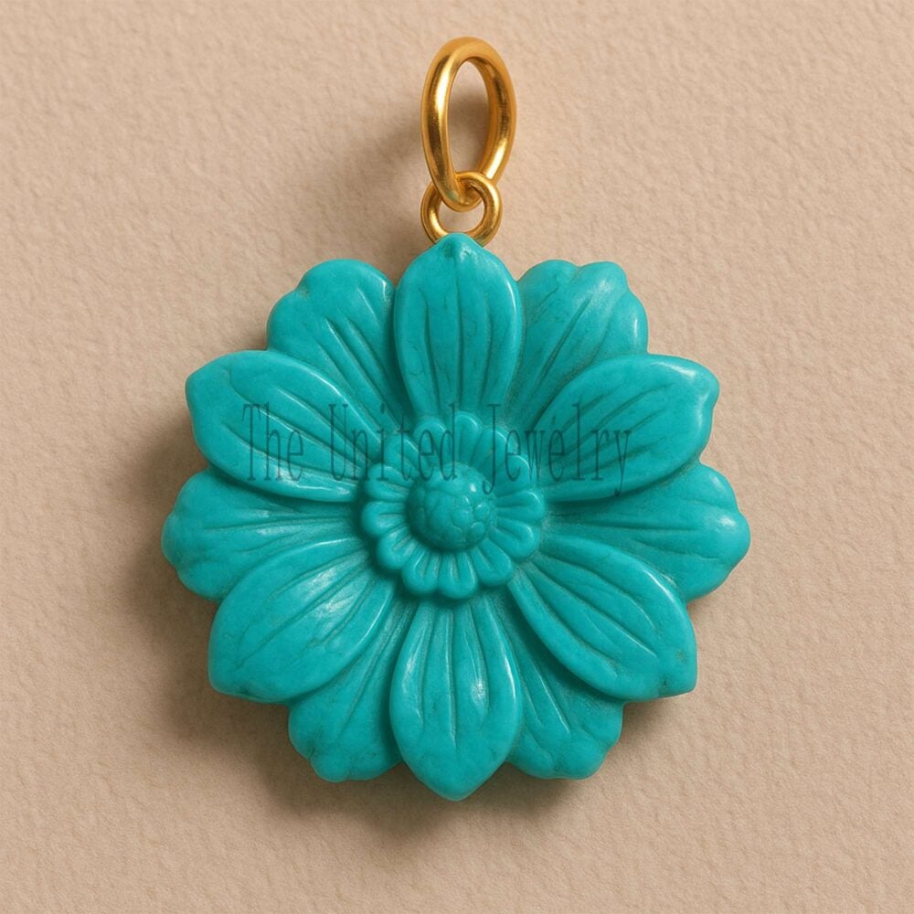 Hand-Carved Turquoise Flower Pendant: Gold Plated Sterling Silver Charm