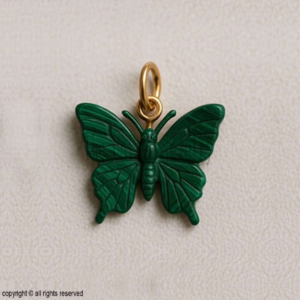 Carved Malachite Butterfly Pendant: Gold Sterling Silver Charm
