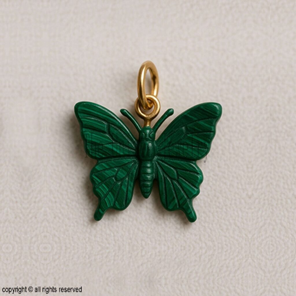 Carved Malachite Butterfly Pendant: Gold Sterling Silver Charm