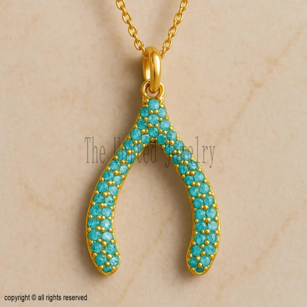 Turquoise Wishbone Pendant, 925 Sterling Silver Gold Plated Necklace, Pave Turquoise Good Luck Charm